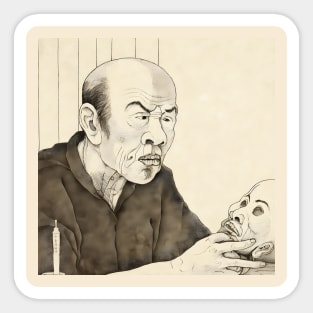 Portrait of old asian man holding human skull Sticker